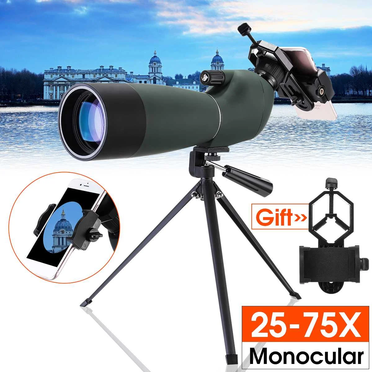25-75X70 HD للماء البصرية أحادي BAK4 مجهر العدسة تلسكوب ليلة الرؤية الإكتشاف نطاق w/ترايبود الهاتف محول