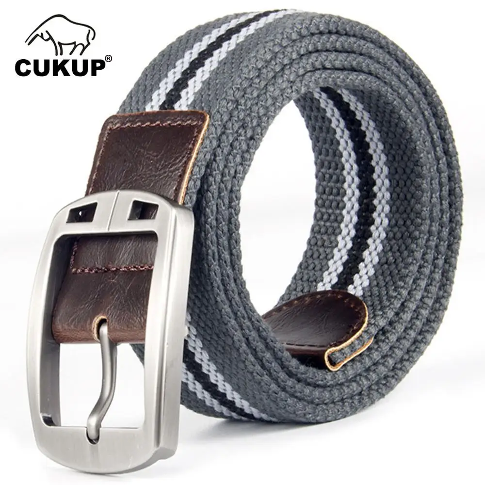 

CUKUP Unisex Leisure Pin Buckle Metal Belt Male Quality Canvas Belts Striped Pattern Jeans Accessories Women for Woman CBCK105