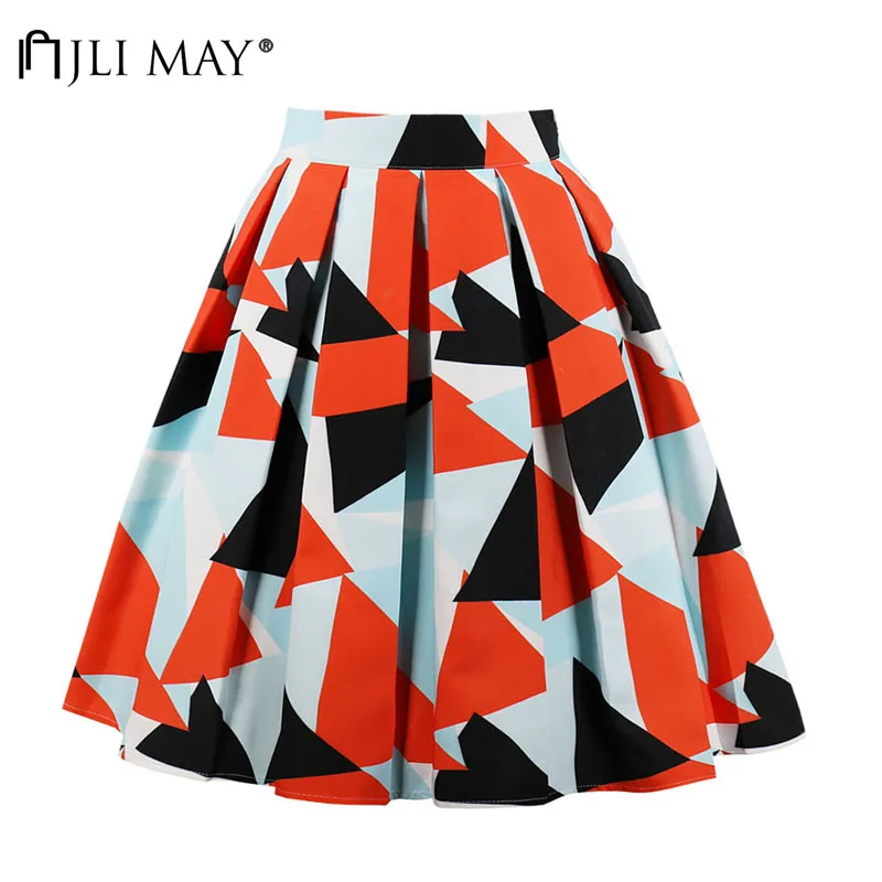 

JLI MAY Vintage printed pleated skirts women summer geometric midi high waist retro elegant office work plus size skirt party