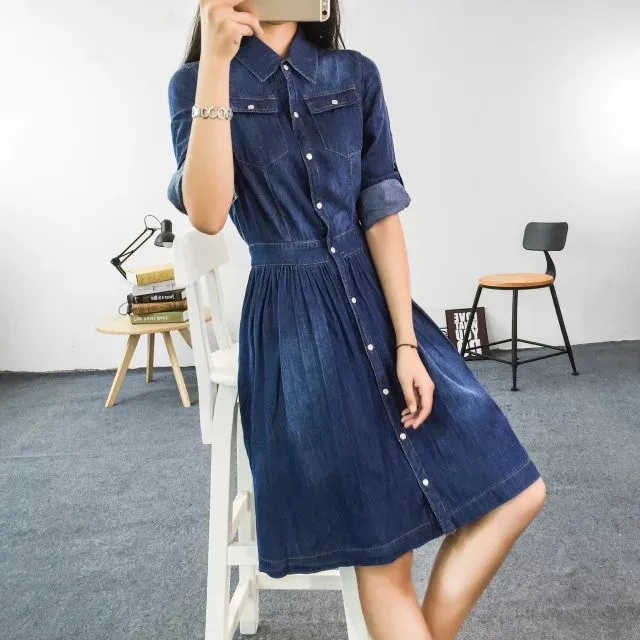 Three Quarter Sleeve One-piece Denim Dress