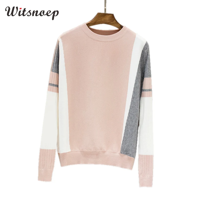 

Witsnoep 2018 Autumn Winter Contrast Color Sweater Women Pullover Sweater Women Long Sleeve Knitted Jumper Pull Femme Black Pink