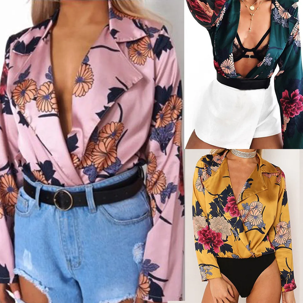 New Womens Floral Print Deep V Collared Neck Tuxedo Wrap Over Satin Bodysuit Top