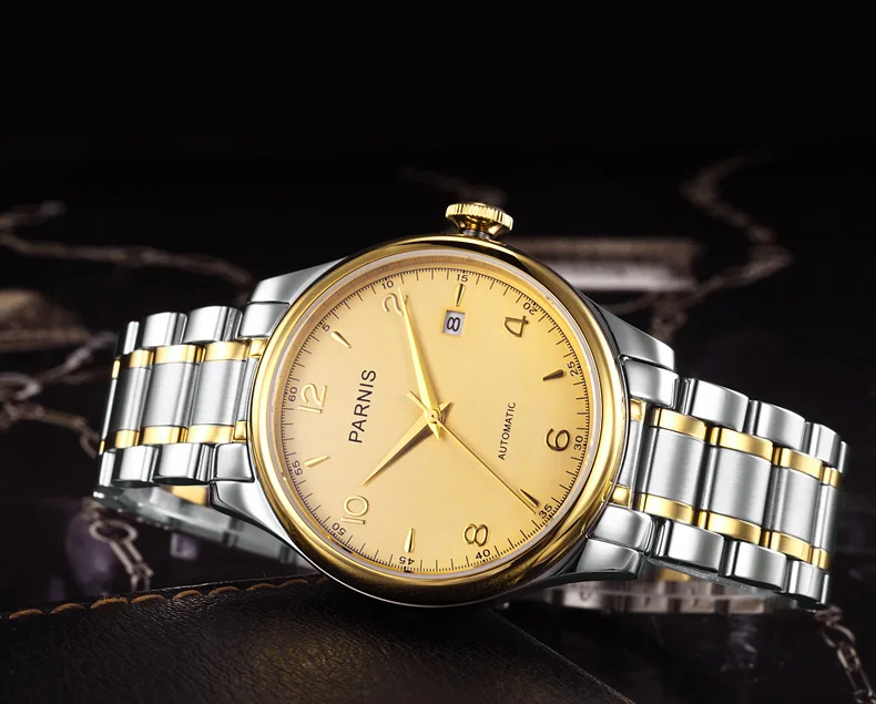 PARNIS 38 мм механические часы полностью из нержавеющей стали 18 к позолоченные автоматические часы для мужчин лучший бренд класса люкс relogio masculino