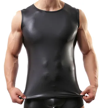 

Sexy Men Black Faux Leather Vest Solid Tight Men Sleeveless Tights Elastic Tank Tops Man Undershirts Slim Wear Shirt