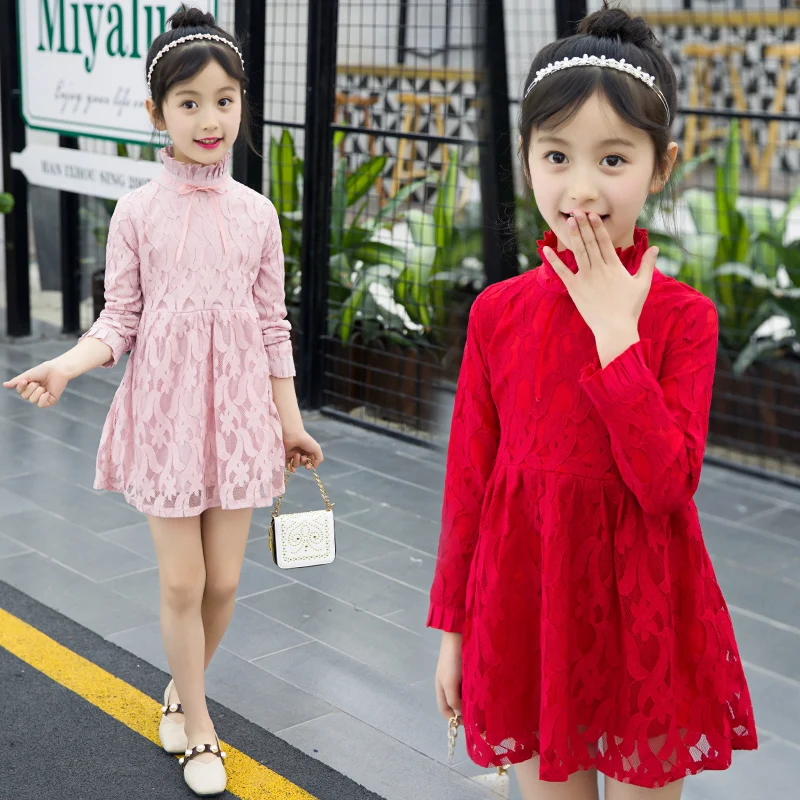 kid cloth New stylish girl high collar lace fabric princess dress-in ...