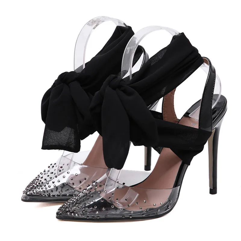Женские босоножки для подиума, туфли-лодочки на тонком высоком каблуке с ремешком на щиколотке, летняя обувь, женские пикантные прозрачные сандалии-гладиаторы с кристаллами - Цвет: Black