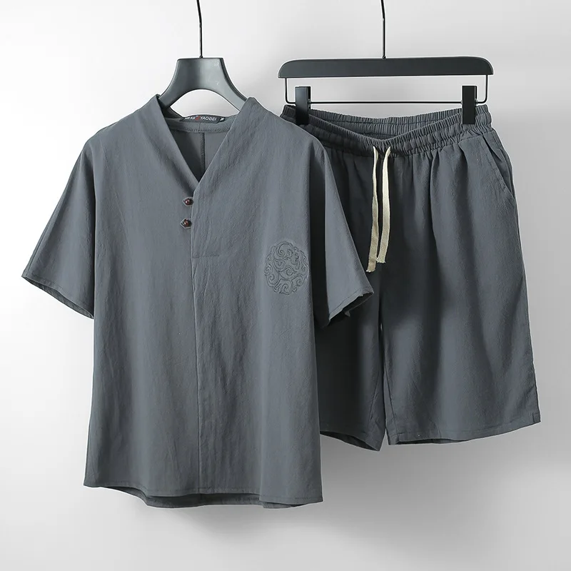 Брендовые летние льняные мужские футболки с круглым вырезом, Мужская футболка, мужские наборы футболок, Мужская футболка, плюс размер, M-9XL, костюм из двух предметов
