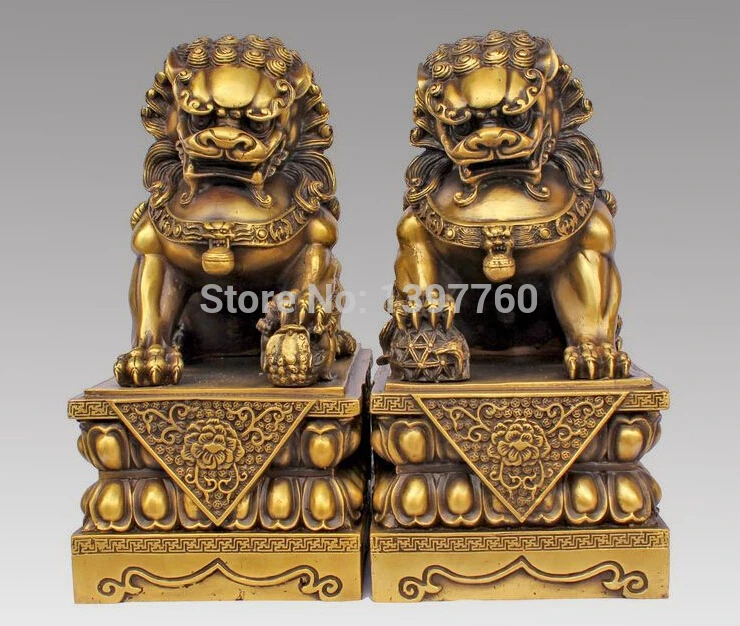 

MISS sta.01069 Large Pair Bronze Chinese Lion Foo Dog Statue Figure Sculpture Black yellow10"H