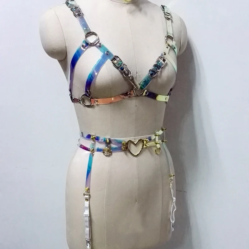 

100% Handmade Spiked Waist Garter Belt with 4 Suspender Straps Punk Gothic Holographic PVC Choker Bra Top Rainbow Harness Belts