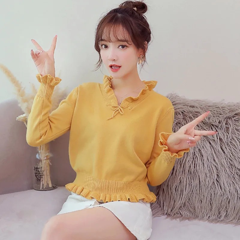 Милый свитер в японском стиле с бантом и рюшами, свитер с v-образным вырезом, укороченные трикотажные пуловеры с высокой талией и баской, женские джемперы - Цвет: yellow
