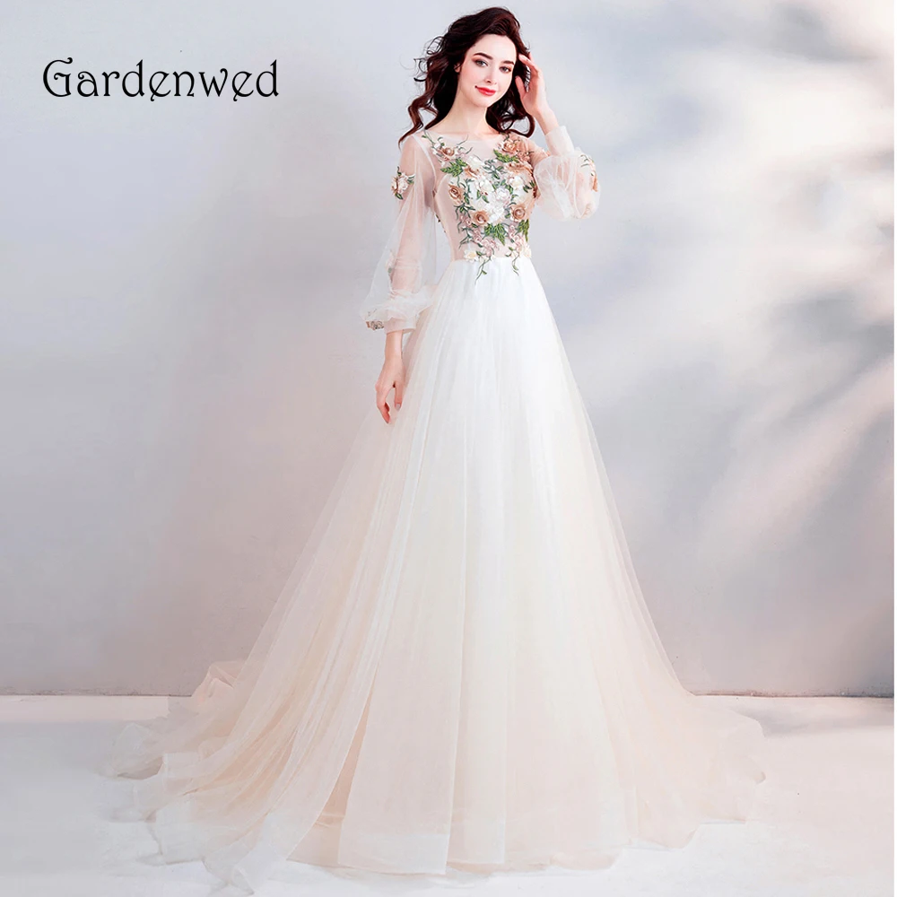 

Gardenwed Ball Gown Flowers Ball Gown Evening Dresses Long Sleeves Evening Gowns 2019 China Formal Dress robe de soiree