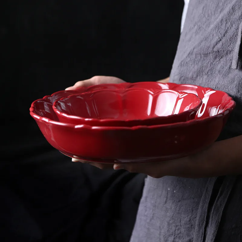 Ceramic Plate Round Tray Red Dish Platos Christmas Plate Griddle Pizza Plate Heat Resistant Soup Tray Delicate Tableware 1pcs