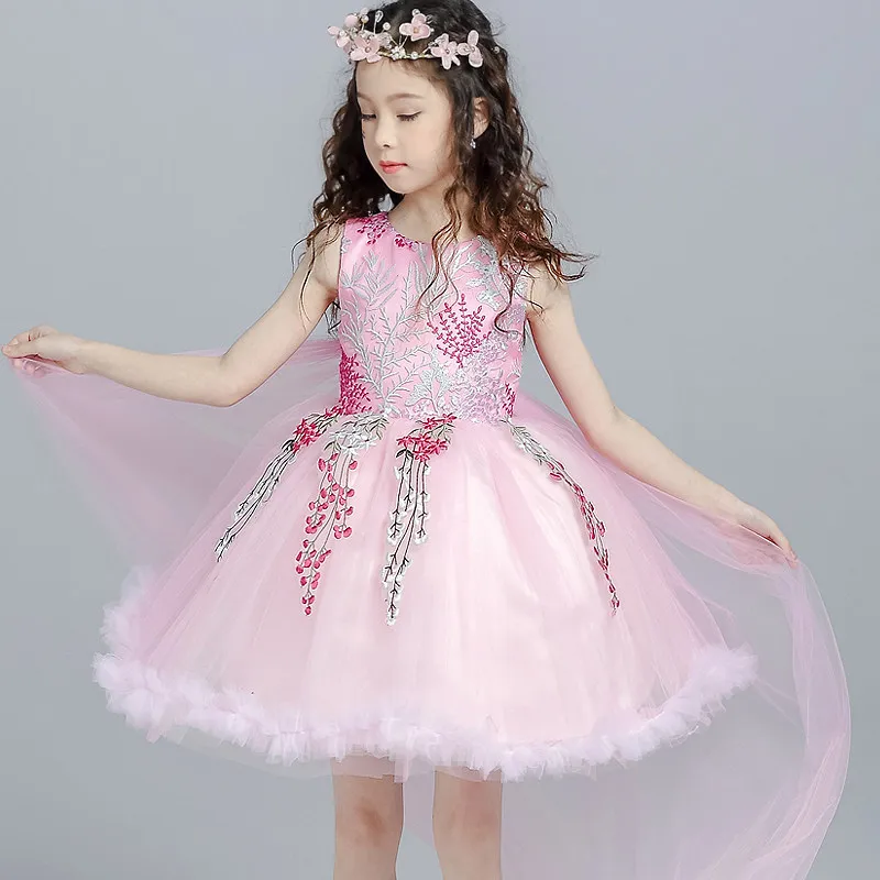 

2-12 Y Embrodiery Flower Girl Dresses Ball Gown Kids Pageant Dress for Wedding Birthday Bowknot Long Tailing Princess Dress B46