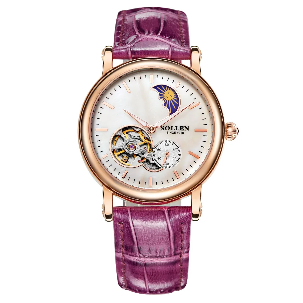 SOLLEN lady automatic mechanical watches hollow female waterproof leather strap round the stars really nail Moon