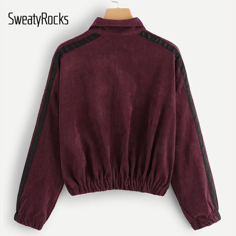 SweatyRocks بورجوندي البريدي نصف بلاكيت كودري البلوز التباين الشريط الجانب الوقوف طوق 2018 الخريف عارضة المرأة المحاصيل قمم