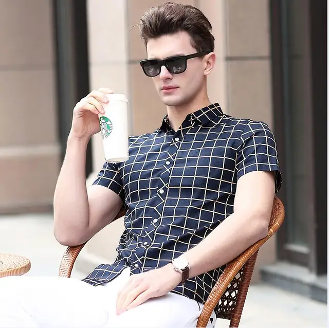 High Quality Summer Mens Plaid Dress Shirt 2017 New Design Casual Male