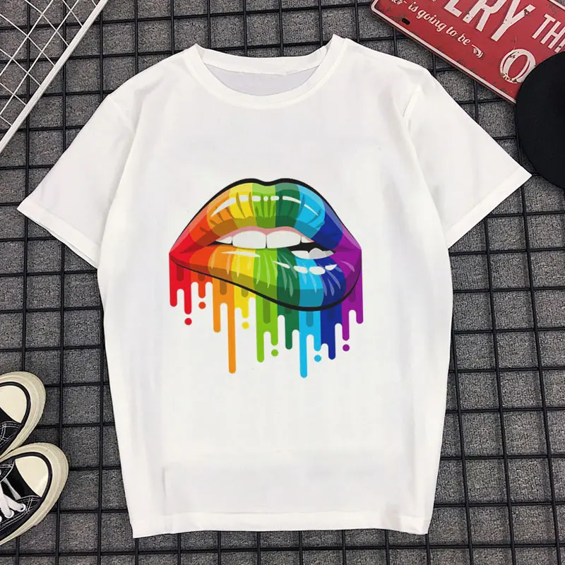 

New Arrival 2019 Harajuku Funny T Shirts Summer TShirt Sexy Rainbow Lips Graphic Printed Tops Women Clothes Kawaii Casual Tees