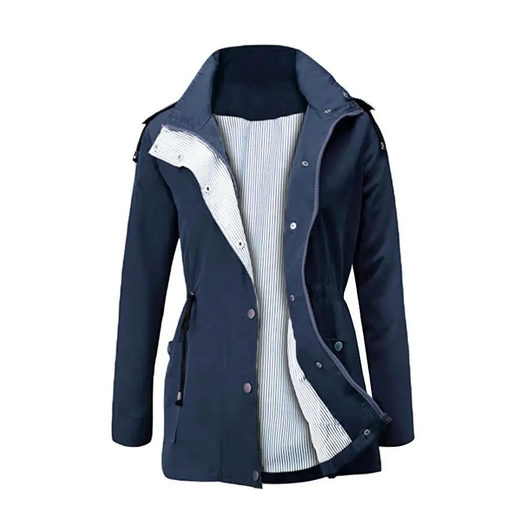 

Women Outdoor Rainproof Windproof Long Sleeve Hooded Drawstring Slim Casual, Zipper and Button Windbreaker Coat