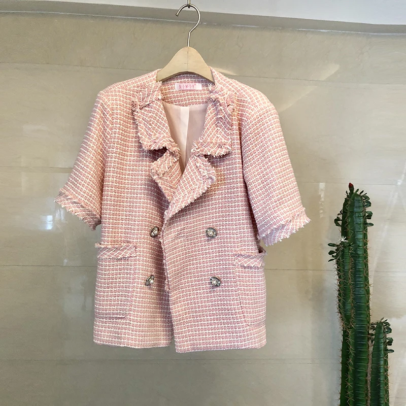 

Short Sleeve 2019 New Arrival Runway Designers Women Blazers and Jackets Tweed Blazer Female Pink White Double Breasted Coat