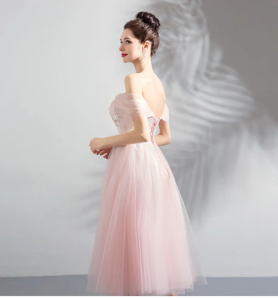 Вечерние платья с открытой спиной розового цвета, подгонянного размера плюс, с открытыми плечами, рукава длиной до середины икры, тюлевые Простые Вечерние платья E218