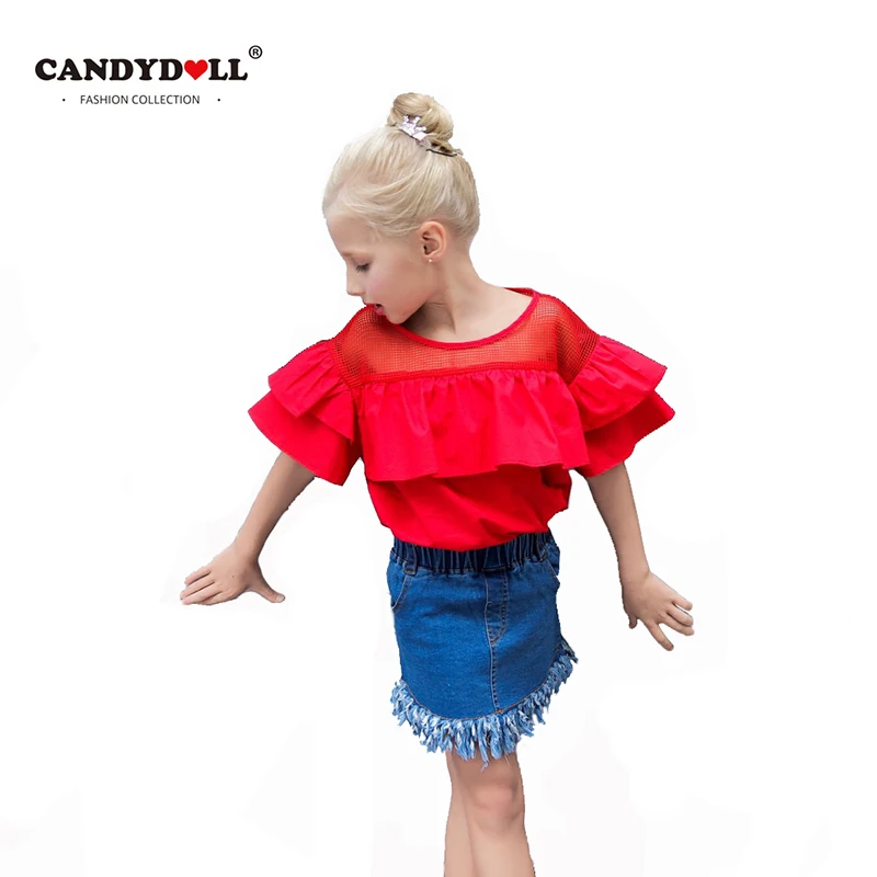 

2019 summer girls blouses Children Shirts Red Pattern Sleeve Mesh Baby Girls blouse Cotton Tops Kids Tees good quality