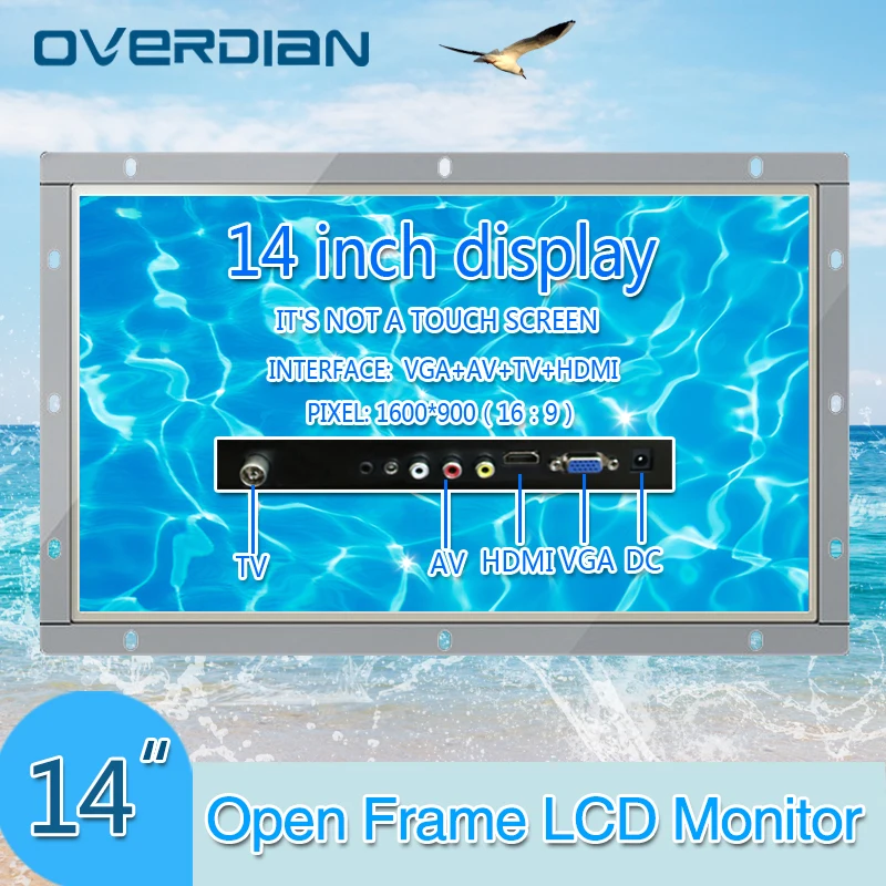

14Inch Industrial Control Lcd Monitor VGA/HDMI/TV/AV Interface White Open Frame Non-touch Screen Metal Shell 1600*900