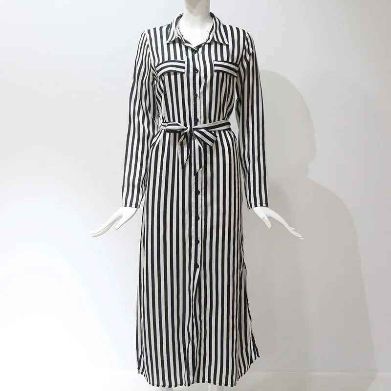 

Summer new fashion women's striped long section high waist lace ladies chiffon shirt shirt temperament casual dress