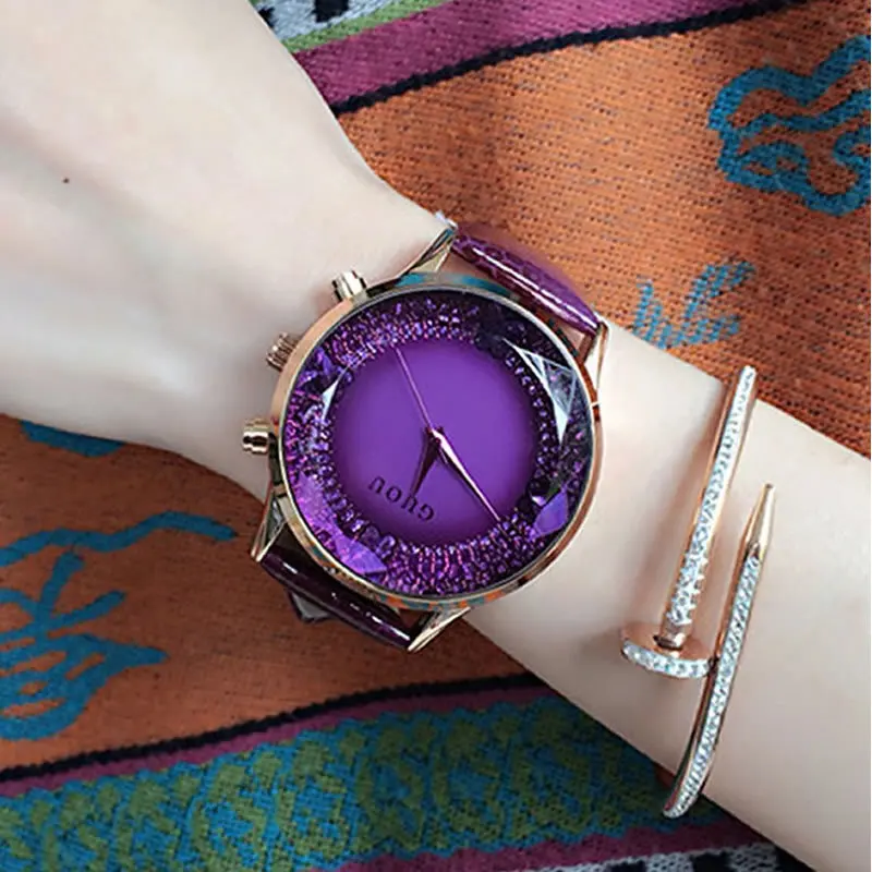 

Fashion Star Ladies Watch Temperament Red Purple Leather Strap Female Watch diamond Pink Dial Women's Watch relojes para mujer