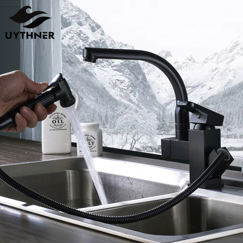 

Black Bronze Kitchen Faucet Deck Mounted Hot Cold Water Mixer Faucet for Spring Kitchen Pull Down Mixer Crane 2 Function Spout