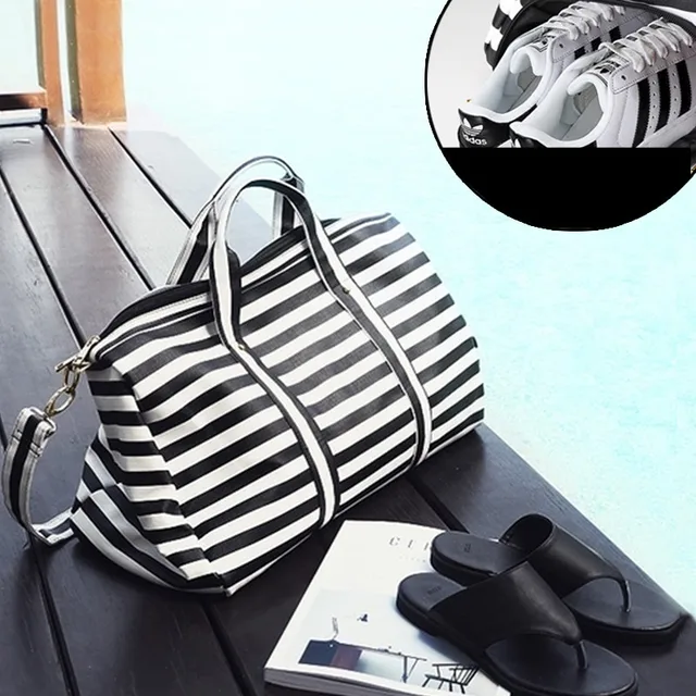 Best Offers Large Waterproof Sports Bag Gym Bag For Women Men Stripe Black PU Leather Sport Bag Tote Duffle Travel Gym Bag Sac De Sport