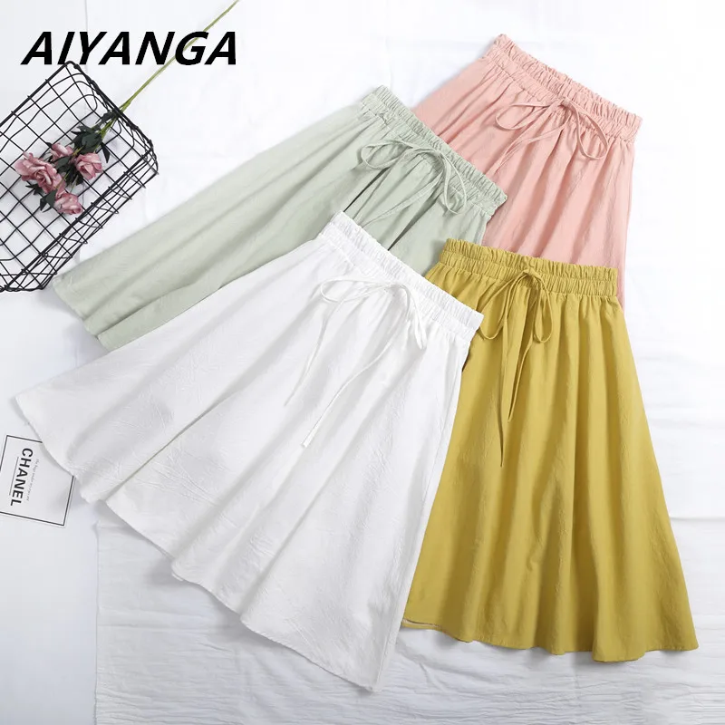 

2018 Quality Women Cotton Linen Knee Length Skirt Elastic Waist Pleated Candy Color Skirts Beach Boho Vintage Summer Skirts Saia
