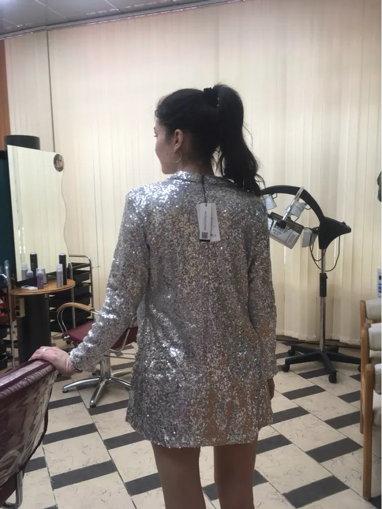 Finest  HDY Haoduoyi Autumn Fashion Women Silver Sequined Coats Turn-down Collar Long Sleeve Outwears Cardi