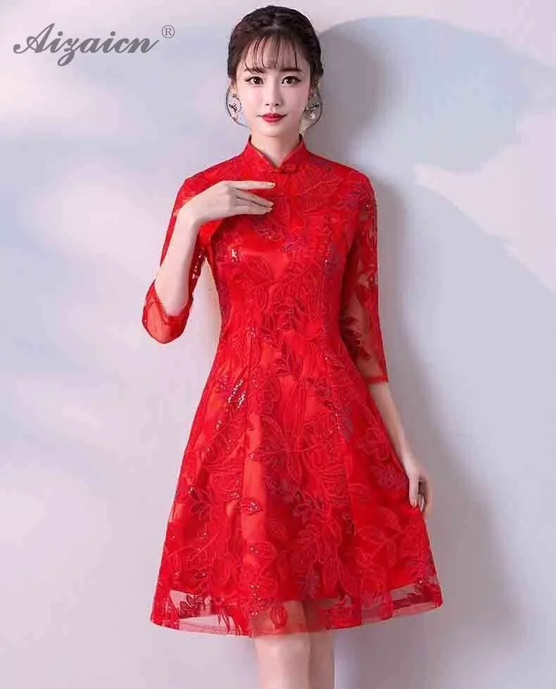 Новые весенние кружево красные короткие Cheongsam Китай невесты Ци Пао для женщин Китайский традиционный свадебный платье Qipao Chinoise Вечерние