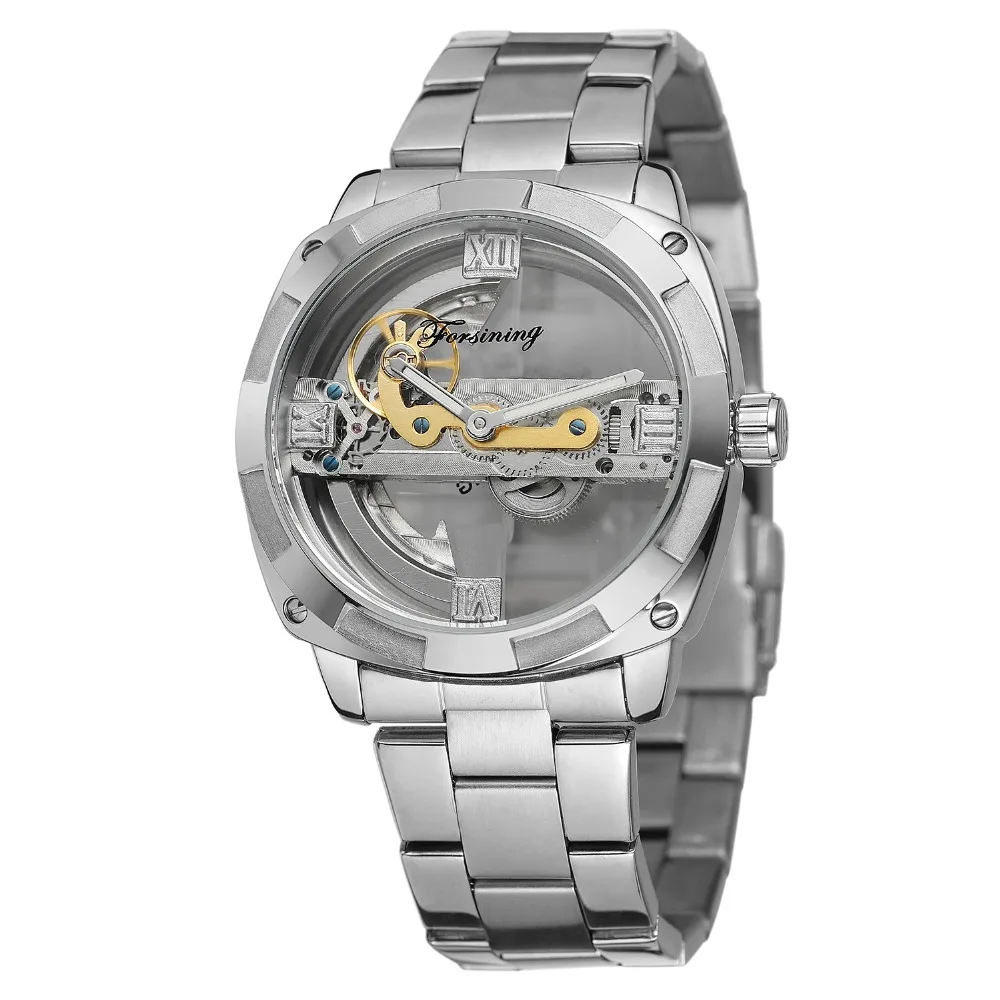 

New Arrival Double Side Silver Transparent Case Fashion Business Wrist Watch Skeleton Automatic Self Wind Mens Wrist Watch Gift