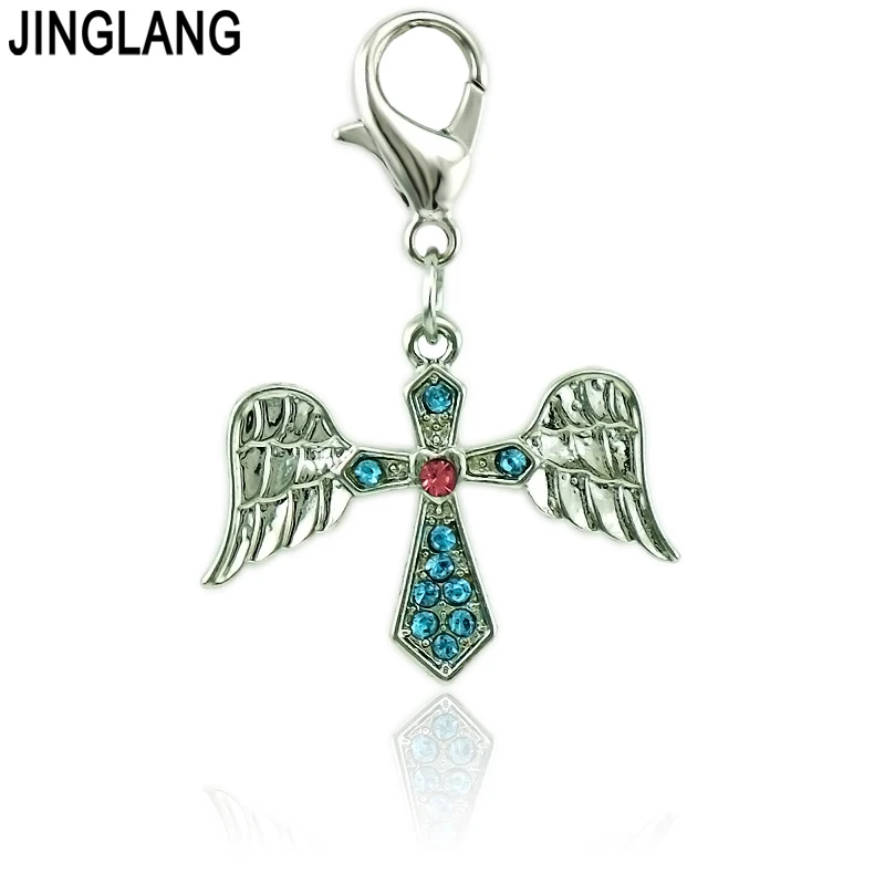 

JINGLANG Newly Fashion Lobster Clasp Charms 3 Color Rhinestone Cross Flying Wing Charms DIY Pendants Jewelry Accessories