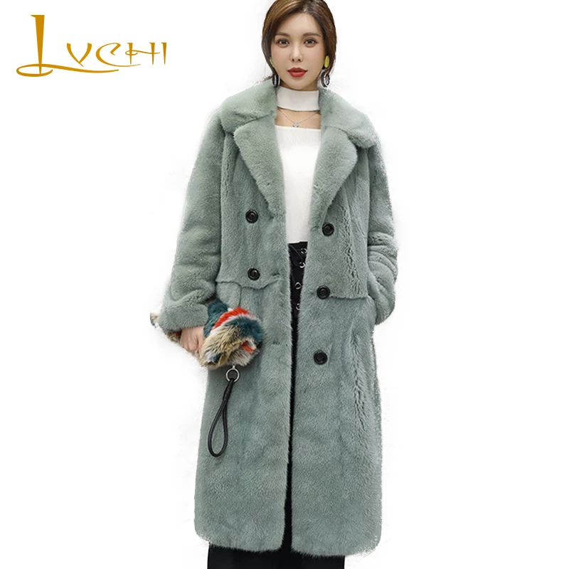 down 2019 Manches Lvchi De Vendu Causalité long Col Bouton X Femelle Menthe Élégant Fourrure Femmes À Vison Mince Manteaux Hiver Turn Longues Réel Ufq5qpx