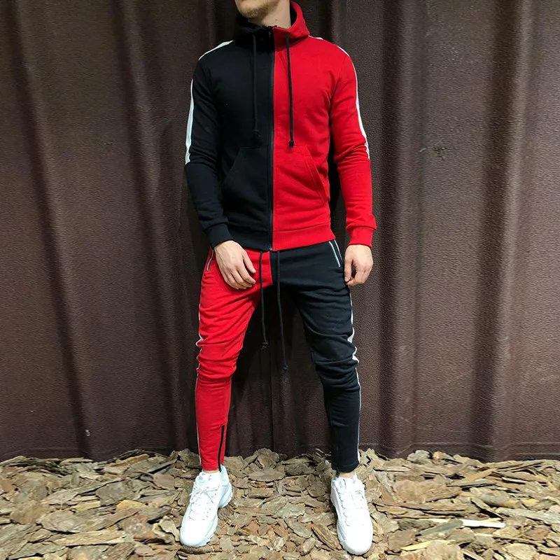 

Litthing Men Sets Fashion Autumn Winter Patchwork Jacket Sporting Suit Hoodies+Sweatpants 2 Pieces Sets Slim Tracksuit Clothing