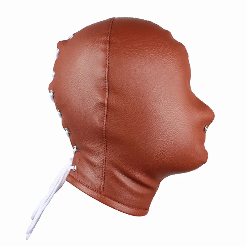 Soft PU Leather Full covered Hood Head Mask Headgear Bondage nose holes zip up 
