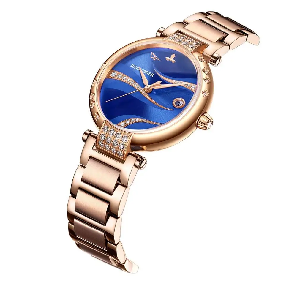 US $184.80 Reef Tiger RT Calendar Luxury Fashion Watches Blue Dial Rose Gold Women Stainless Steel Bracelet Analog Automatic RGA1589
