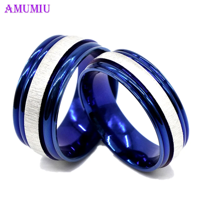 

AMUMIU Men Women Unisex Fashion Lover Couple Rings Blue Ring Black Ring Titanium Steel Wedding Ring punk ring classic R003
