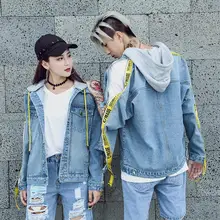 Весенне-осенняя джинсовая куртка, винтажная Свободная Женская Повседневная куртка с длинными рукавами, на молнии, с надписями, с лентой, джинсовое пальто