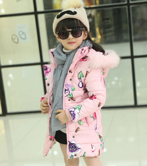 WEONEDREAM/ г., модное зимнее пальто средней длины детская одежда для девочек хлопковая стеганая куртка с принтом в виде большого цветка и меховым капюшоном