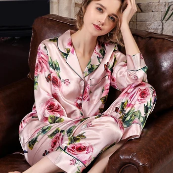 

100% Genuine Silk Pajamas Sets Two-Piece Pyjama Women Pure Silk Pajama Sleepwear Female Tops+Pants Silk Pijama Home Suits