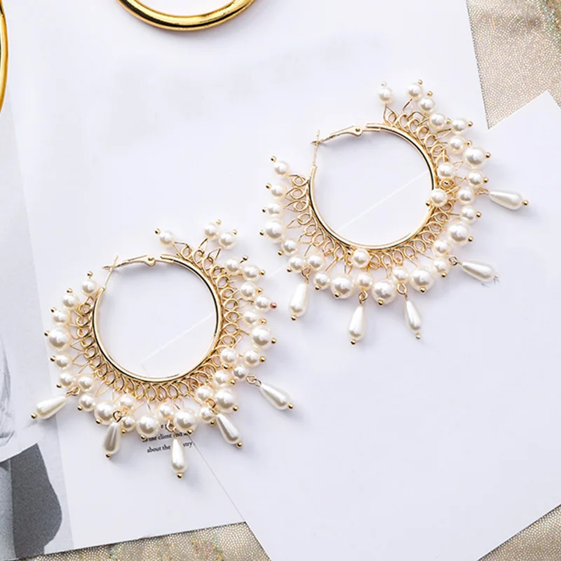 Дизайн, роскошные золотистые серьги-кольца в стиле барокко с жемчугом и кисточками для женщин, женские большие массивные серьги в богемном стиле для праздника