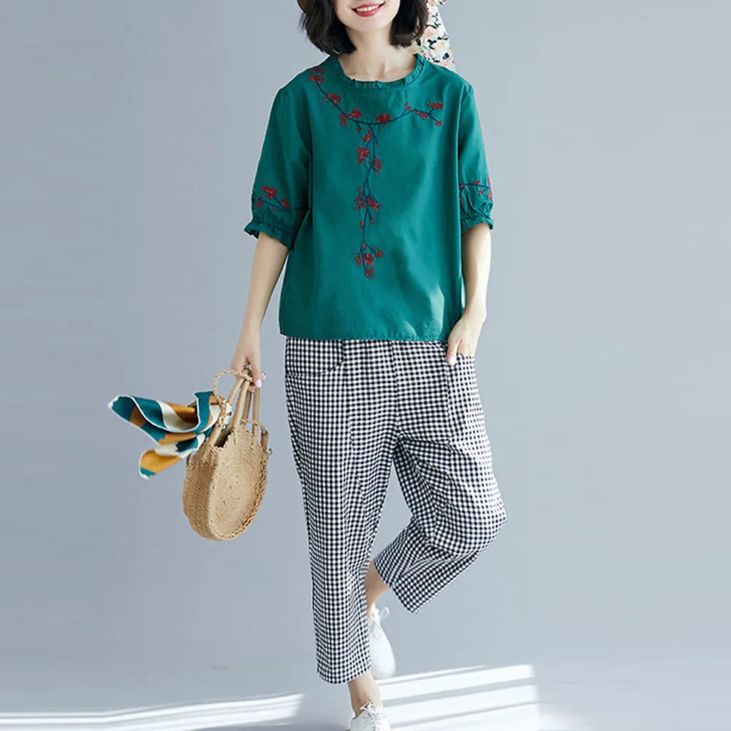 

JAYCOSIN 2019 New Summer Women Suit Harajuku Fresh Flower Print Short Sleeve Tops Plaid Pockets Calf-Length Pants Set 9042415