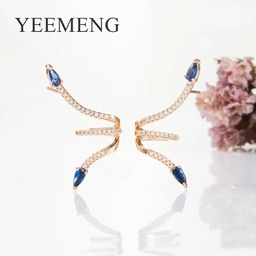 YEEMENG New 585 Rose Gold Fashion Blue/Red Zircon Stud Earrings For Women Girls Elegant temperament Female Jewelry | Украшения и