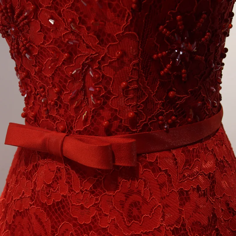 JaneVini Элегантные красные длинные платья для выпускного вечера; Robe de Soiree с грубоким круглым вырезом и бисером линия длинное, кружевное до пола Для женщин Вечеринка платья