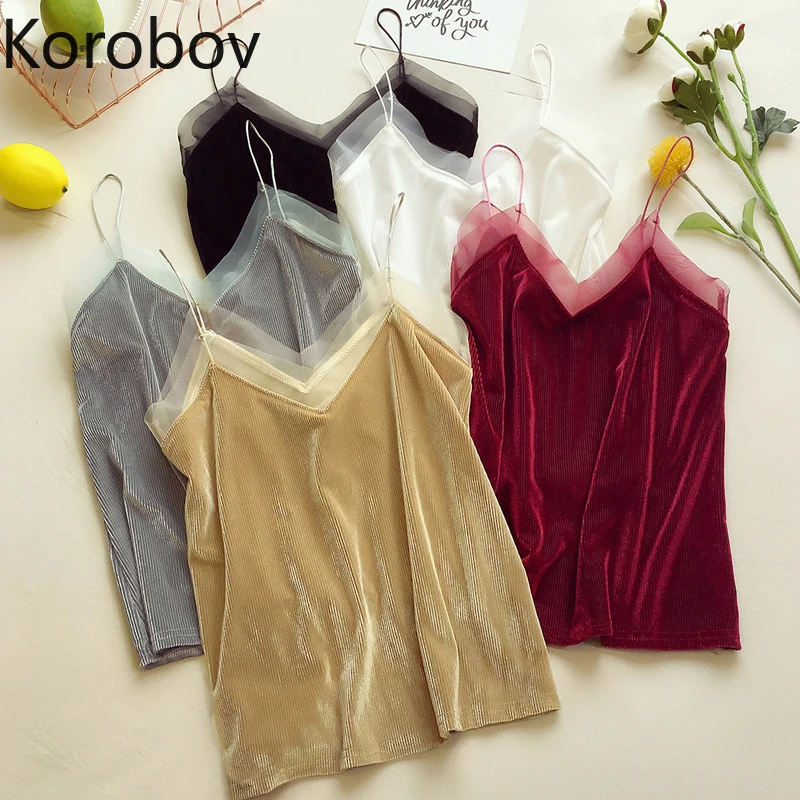 

Korobov Vintage Velvet Women Tank Top 2019 New Vogue Mesh Ruffles Patchwork Camis Solid V Neck Botttom Tops 77830