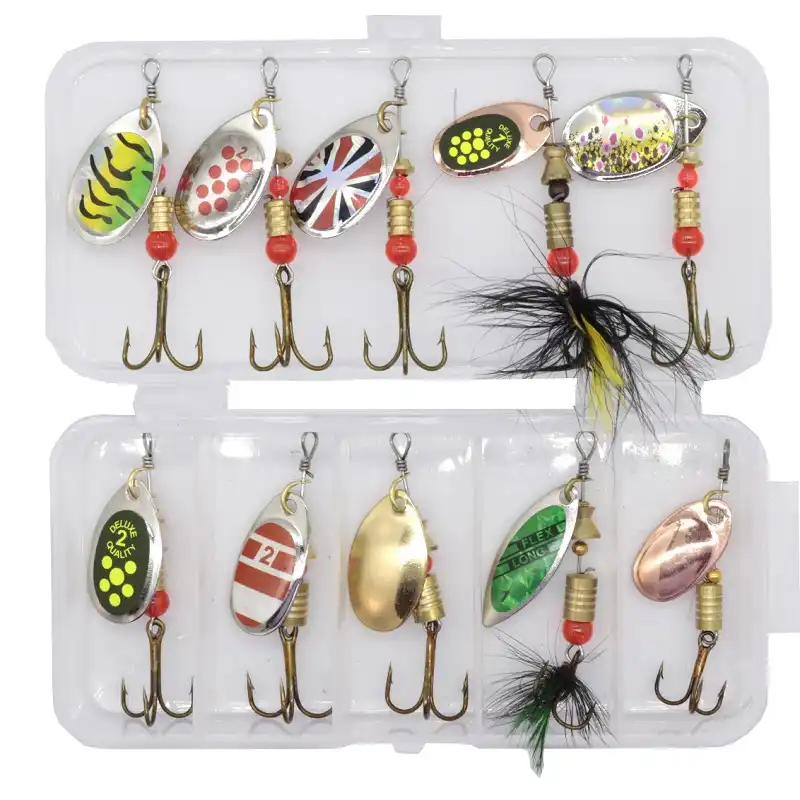 Download Baits Lures Flies Fishing Lure Spoon Artificial Metal Bait Box Tackle Hooks Bass Perch 10pcs Lot Sporting Goods