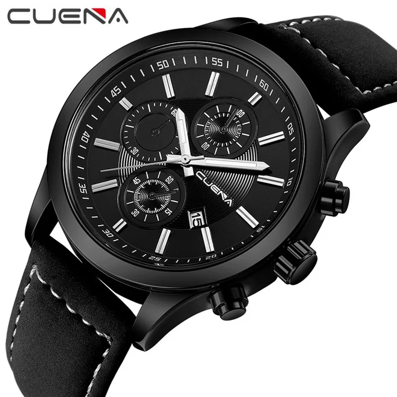 CUENA Brand Fashion Male Watches Waterproof Leather Mens Quartz Watch